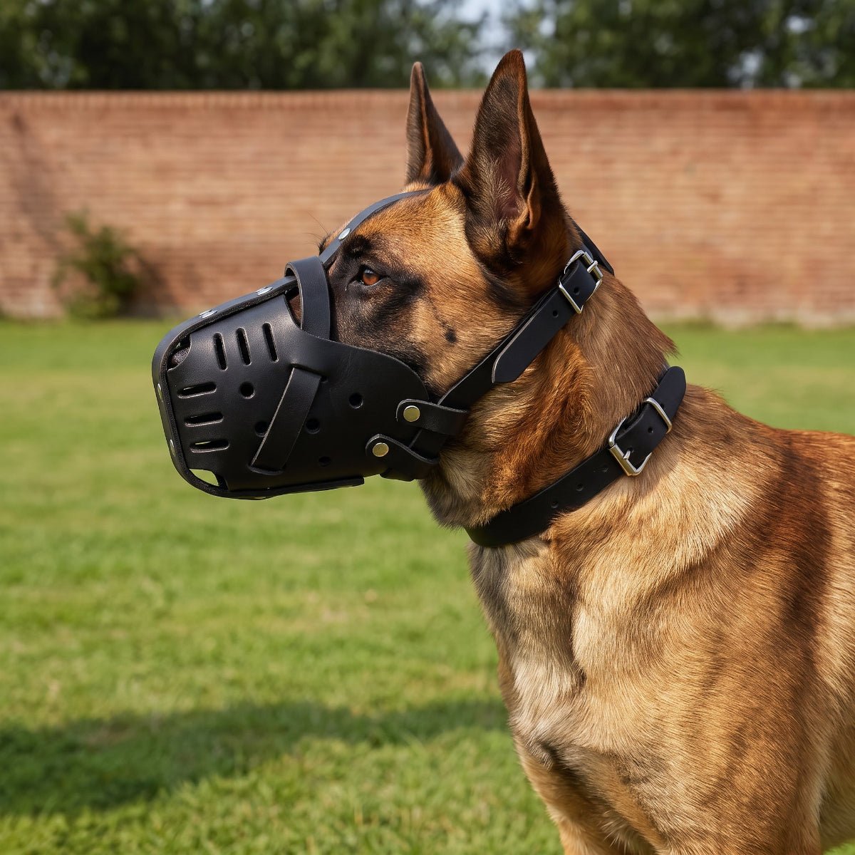 Vue de profil d'un chien de travail portant la muselière ajustable en cuir noir MuzoSteel.