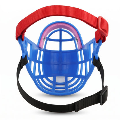 Vue arrière de la muselière chien panier plastique bleue avec coussinet de confort