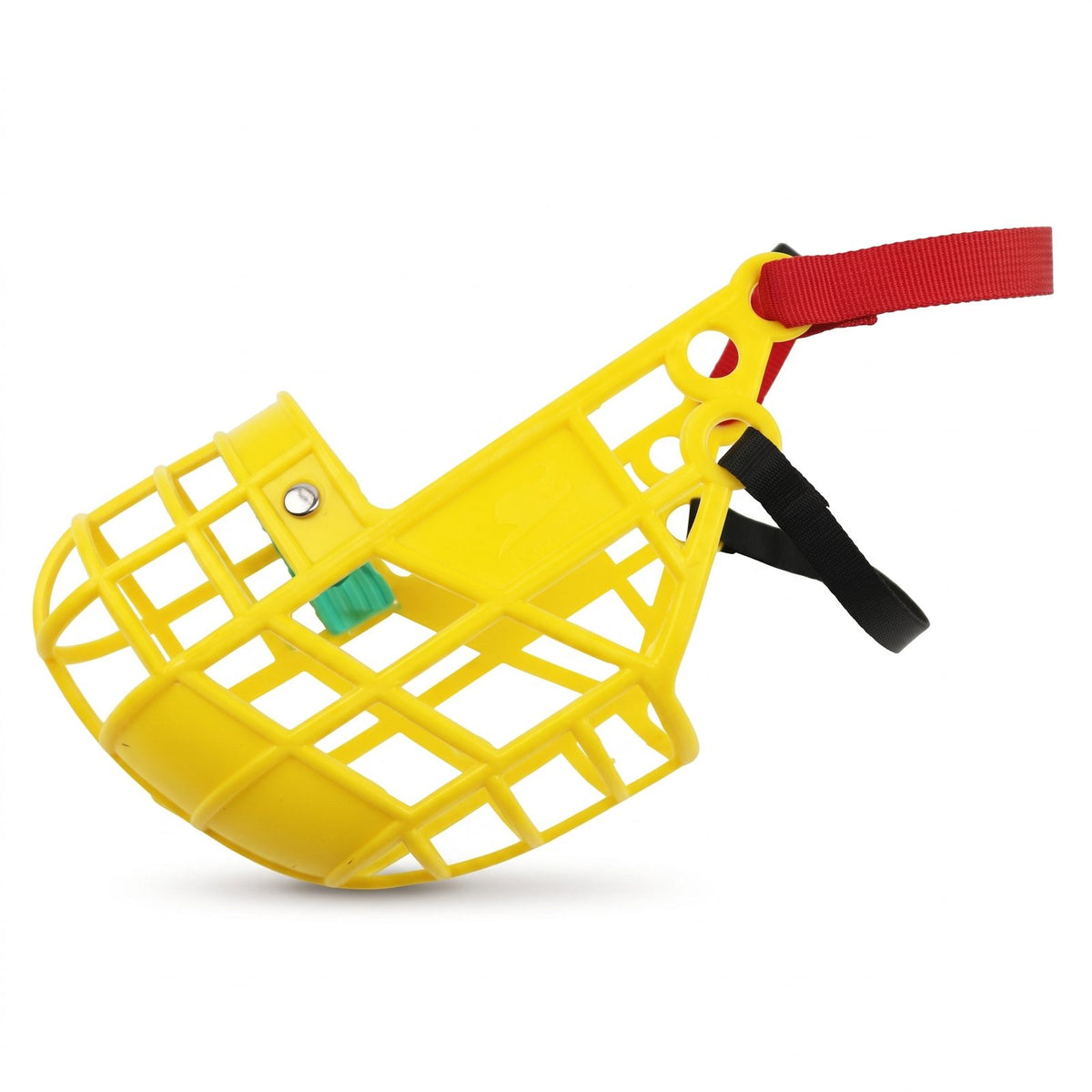 Muselière chien panier plastique jaune, photo produit sur fond blanc