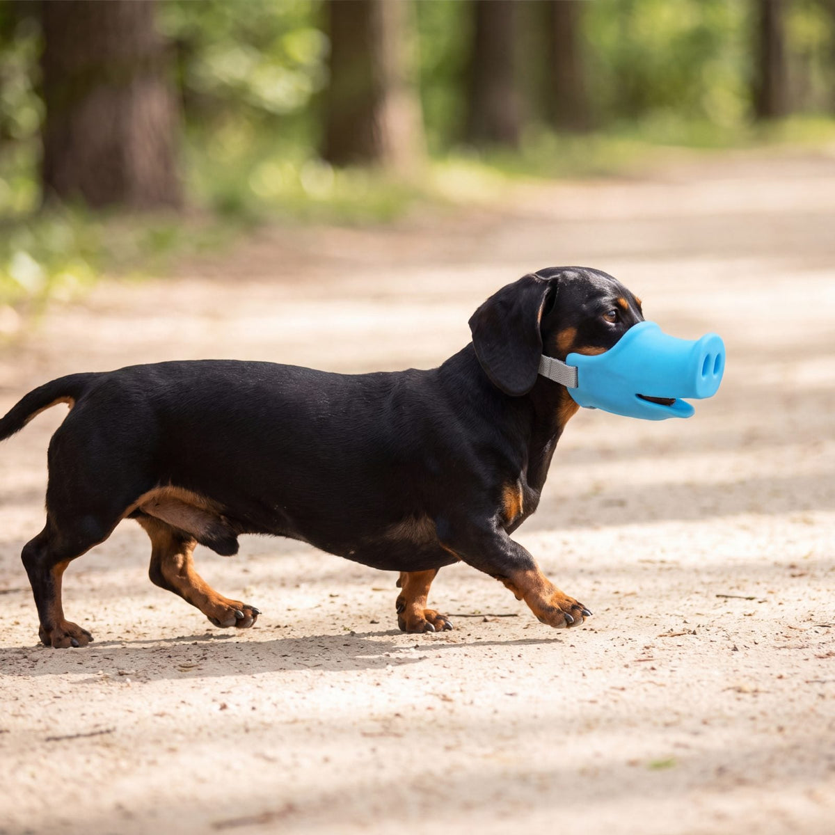 Teckel qui trotte sur un chemin de parc avec une muselière chien silicone groin de cochon bleue