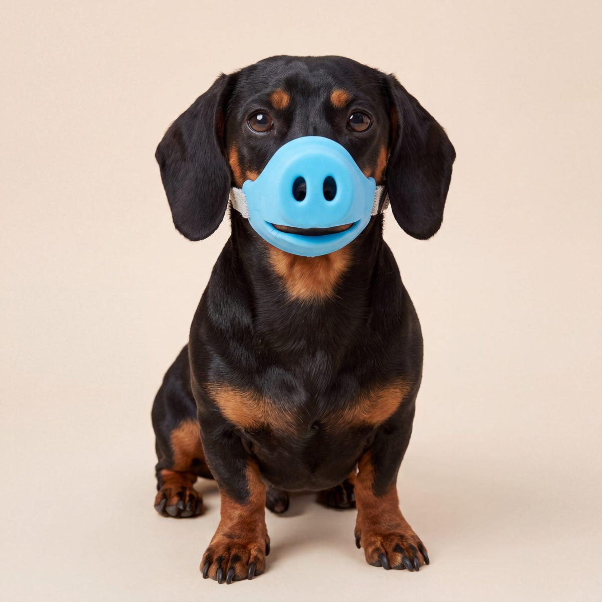 Teckel assis de face portant une muselière silicone groin de cochon bleue avec sangle en coton grise
