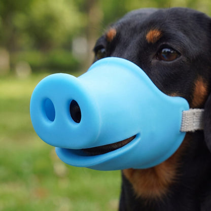 Gros plan sur le museau en silicone bleu d'une muselière groin de cochon avec ses deux narines