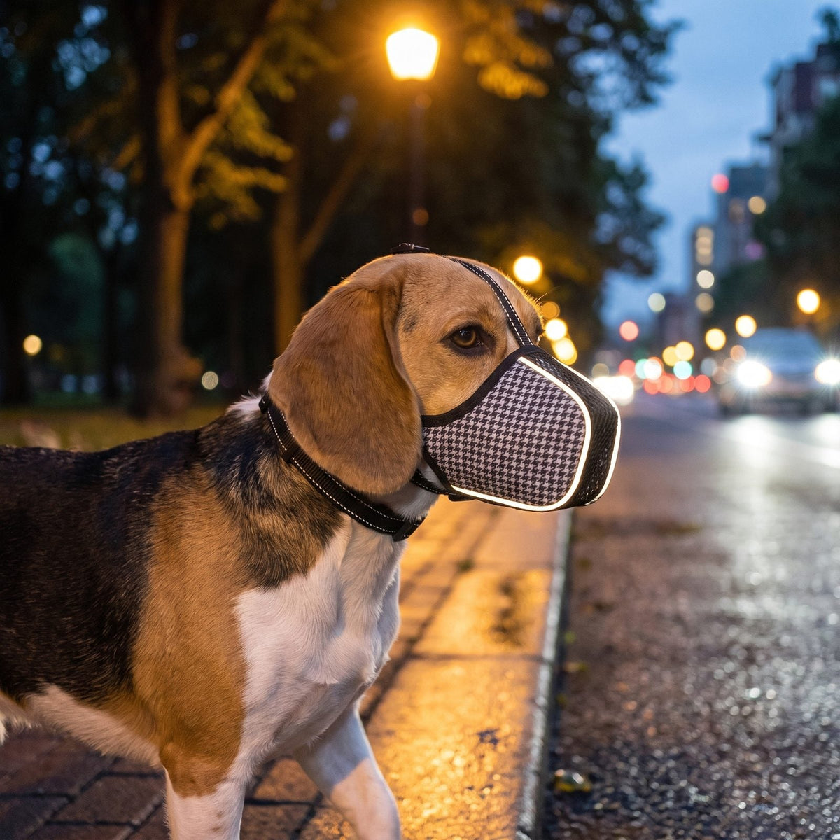 museliere chien tissu pied-de-poule beagle promenade de nuit liseré reflechissant
