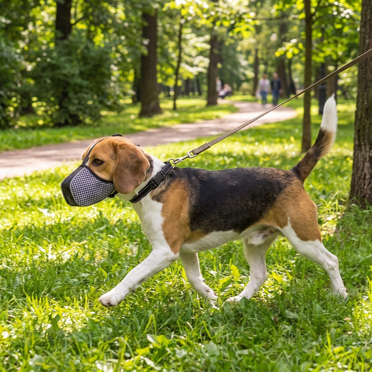 museliere chien tissu pied-de-poule beagle en laisse promenade dans un parc