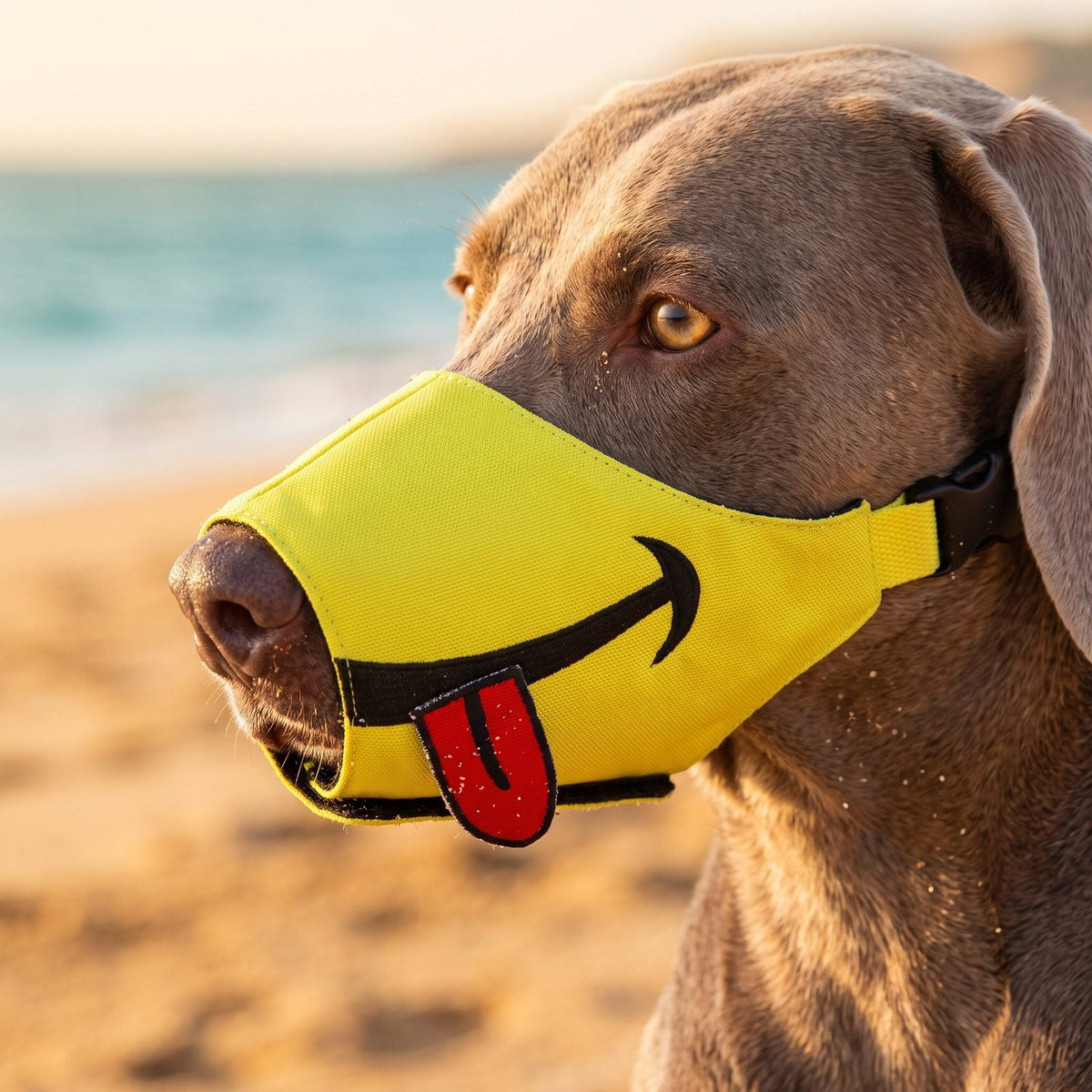 Gros plan sur le visage d'un chien portant la muselière chien tissu rigolote jaune citron au coucher du soleil