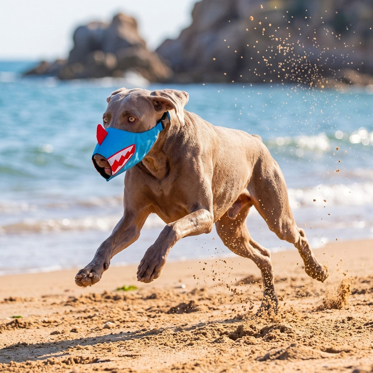 Muselière chien tissu rigolote bleue avec design requin portée par un chien en pleine course sur la plage