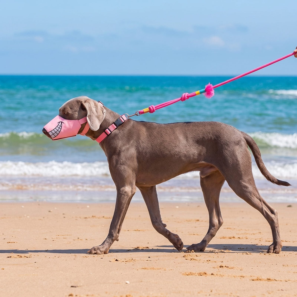 Muselière chien tissu rigolote rose portée par un chien en laisse sur la plage