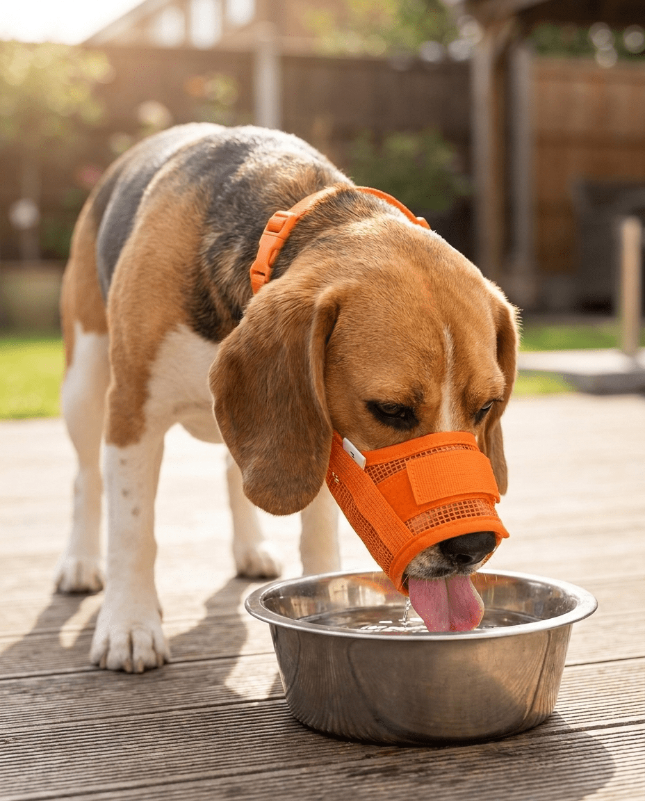 museliere chien poids plume orange sur beagle qui boit de l'eau