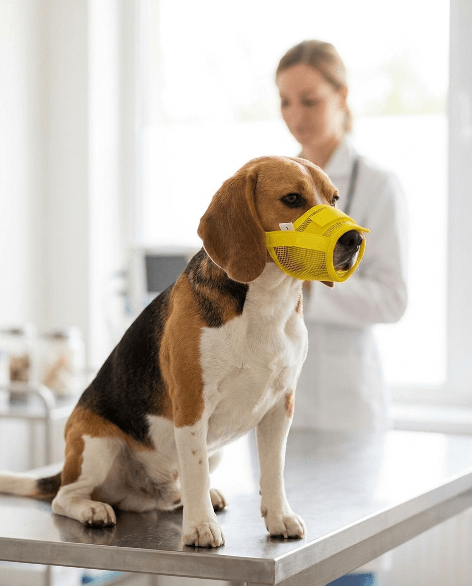 museliere chien poids plume jaune sur beagle chez le veterinaire