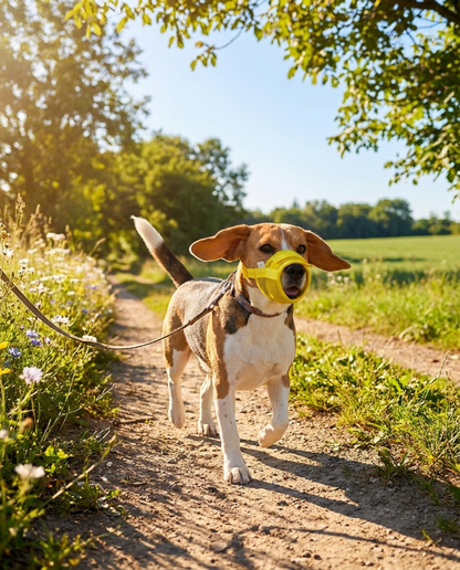 museliere chien poids plume jaune sur beagle en promenade