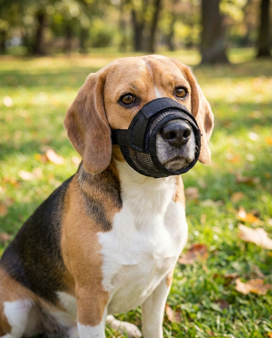 museliere chien poids plume noire sur beagle portrait parc