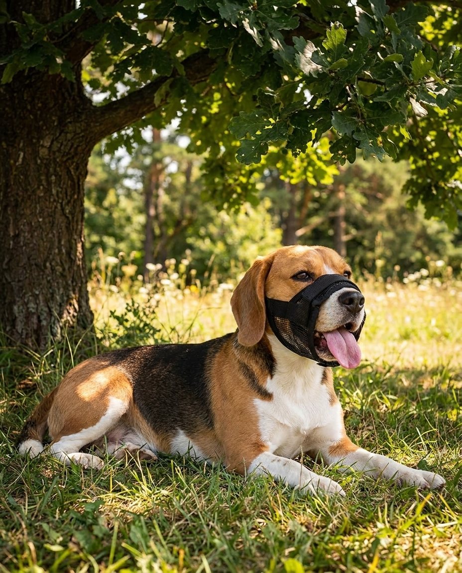 museliere chien poids plume noire sur beagle qui halete a l'ombre