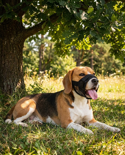 museliere chien poids plume noire sur beagle qui halete a l'ombre