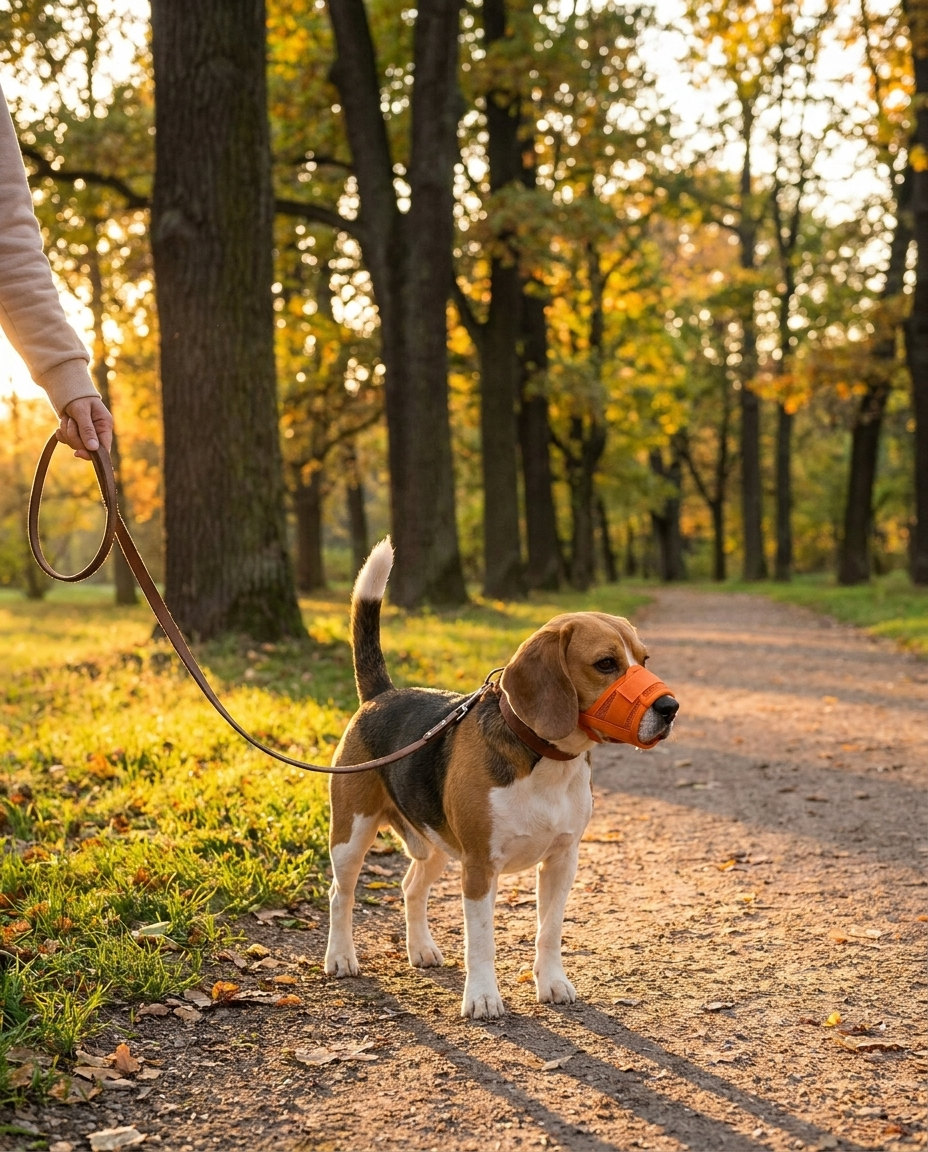 museliere chien poids plume orange sur beagle en promenade avec son maitre