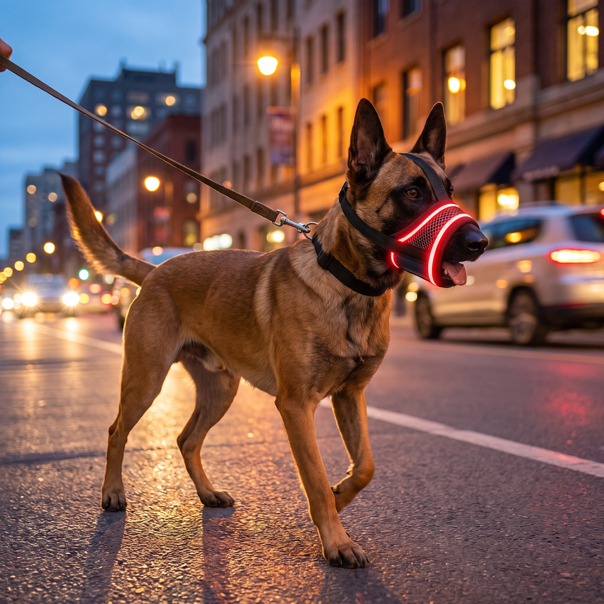 museliere chien a bande reflechissante rouge sur berger malinois en ville a la nuit tombee