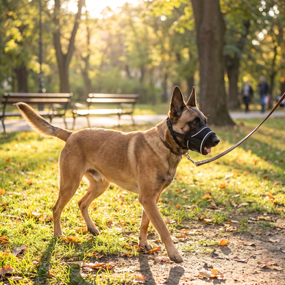 museliere chien a bande reflechissante noire sur berger malinois en promenade au parc