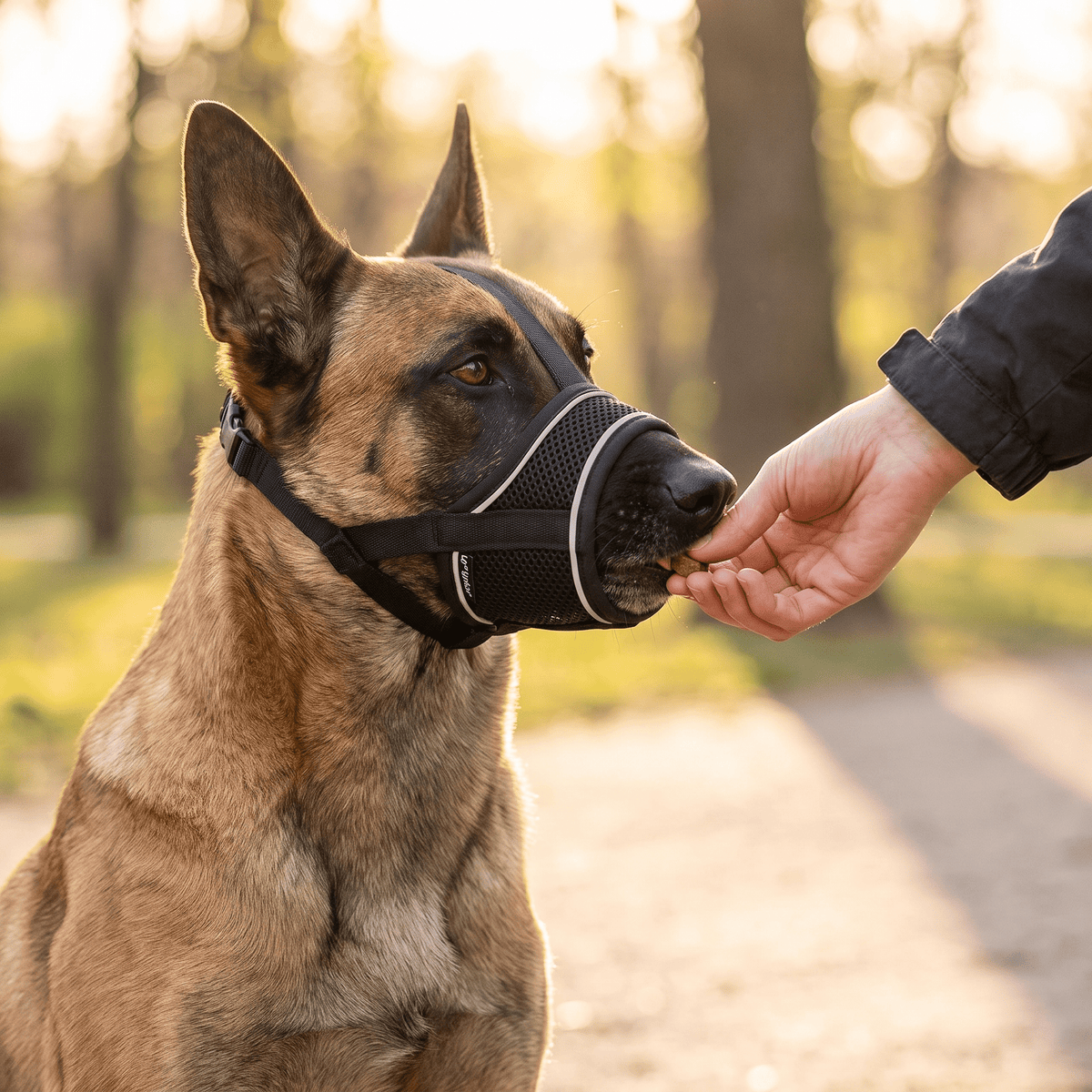 museliere chien a bande reflechissante noire sur berger malinois recevant une friandise