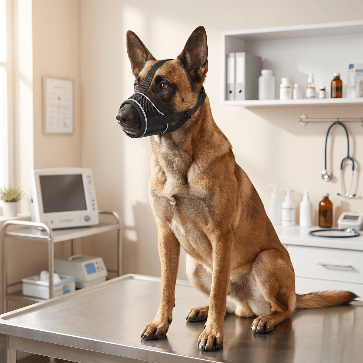 museliere chien a bande reflechissante noire sur berger malinois chez le veterinaire
