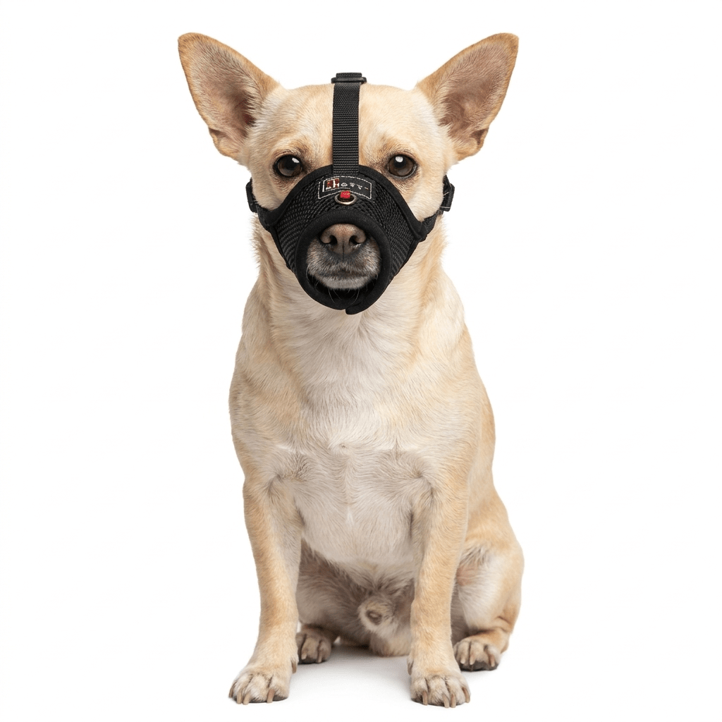 museliere petit chien a museau fin noire sur chihuahua packshot