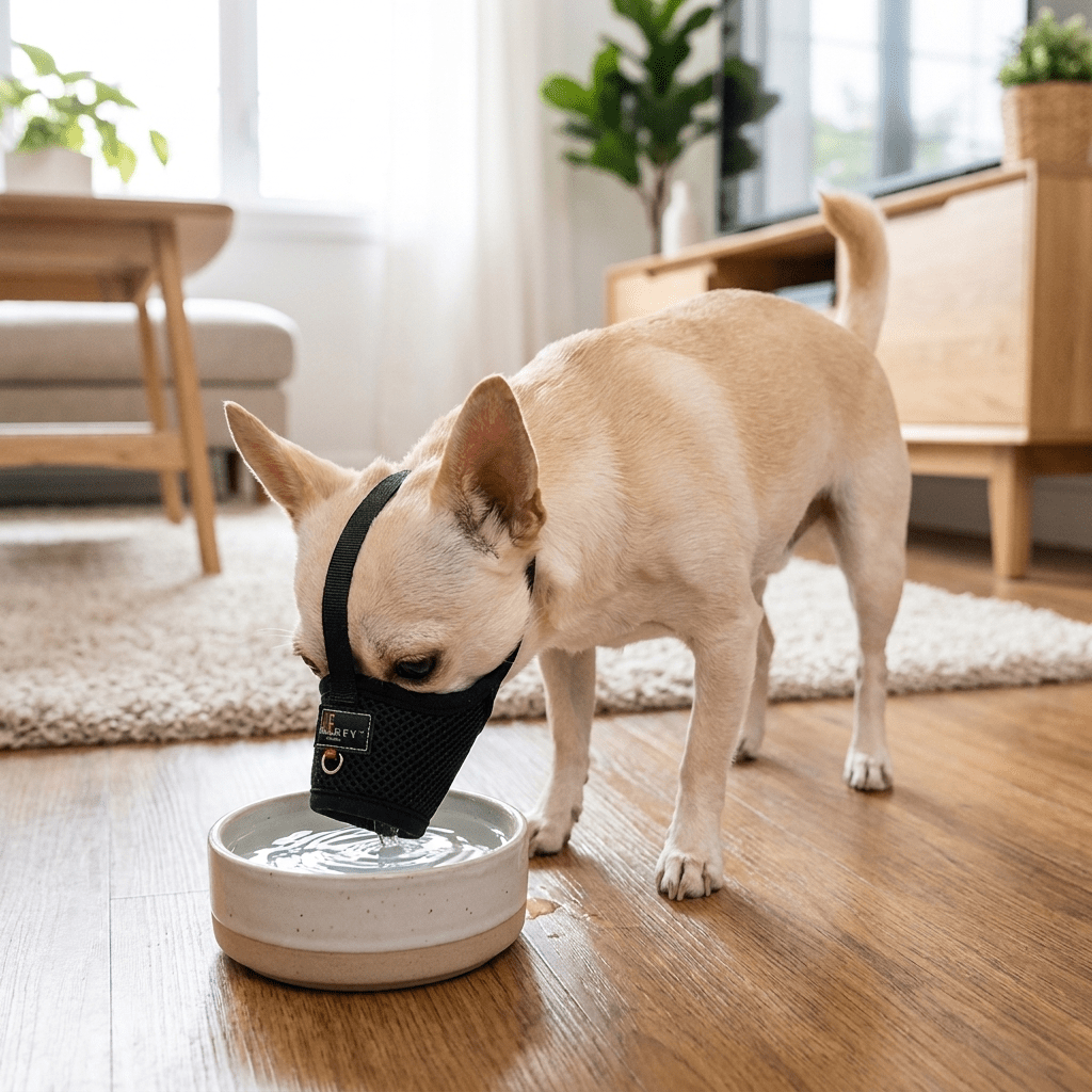 museliere petit chien a museau fin noire sur chihuahua qui boit de l'eau