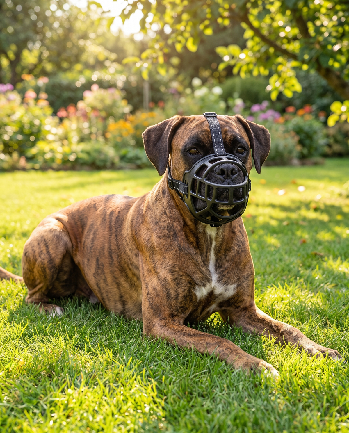 museliere pour chien thermo-moulable grise sur boxer detendu dans un jardin