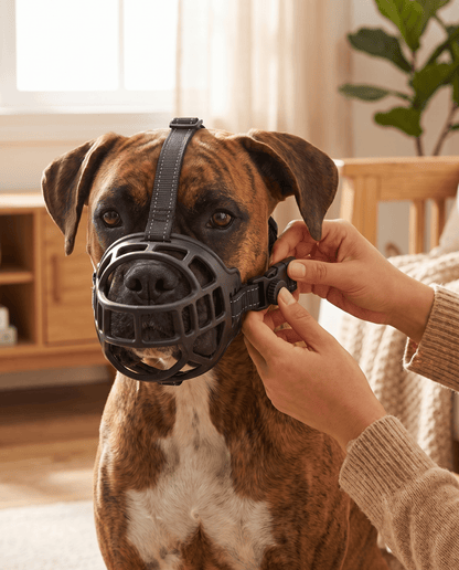 museliere pour chien thermo-moulable grise sur boxer maitre ajustant la boucle a cliquet