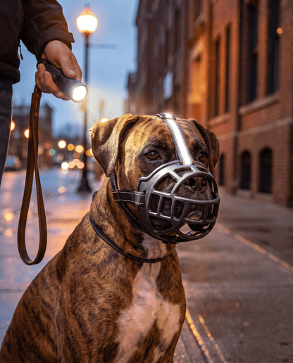 museliere pour chien thermo-moulable grise sur boxer promenade nocturne bande reflechissante visible