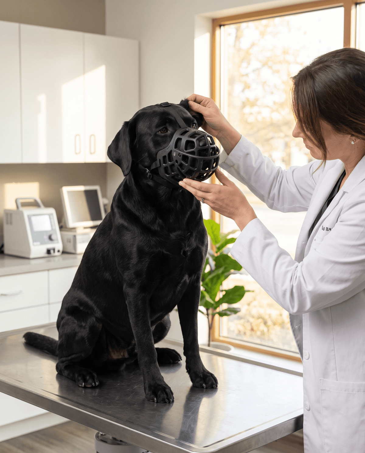 museliere chien trappe amovible noire sur labrador visite veterinaire
