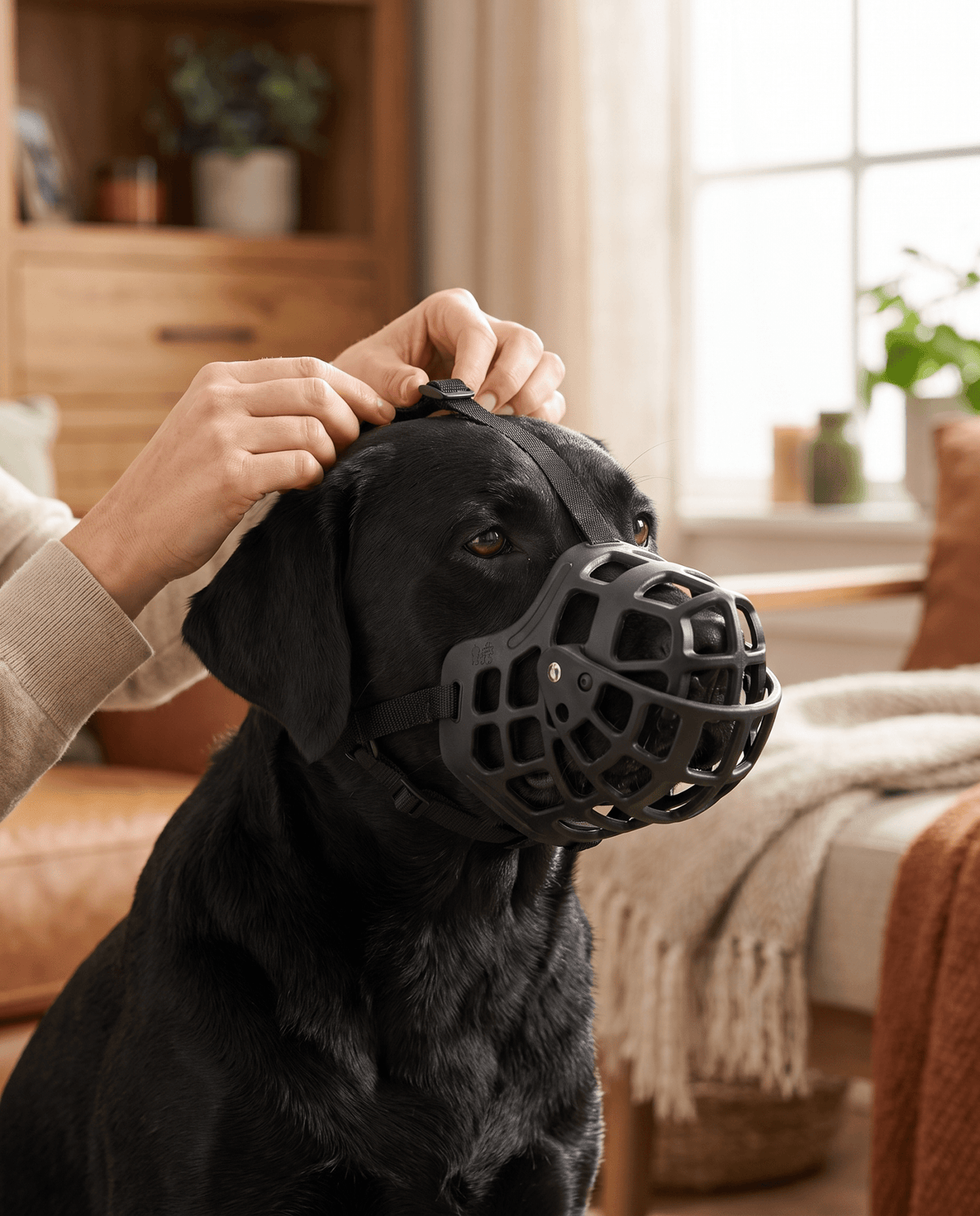 museliere chien trappe amovible noire sur labrador maitre ajustant une sangle