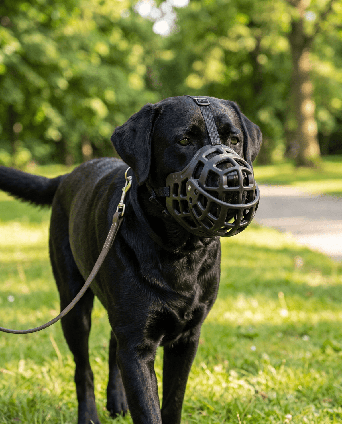 museliere chien trappe amovible noire sur labrador en promenade au parc