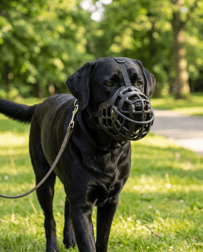 museliere chien trappe amovible noire sur labrador en promenade au parc