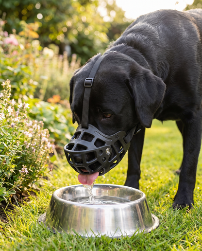 museliere chien trappe amovible noire sur labrador qui boit par la trappe ouverte