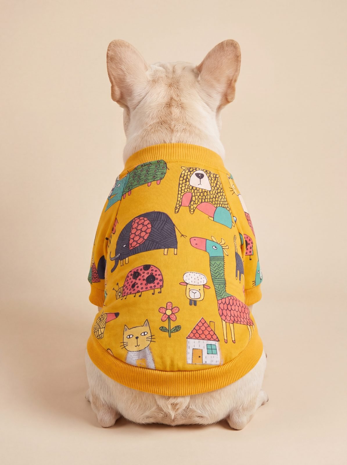 Bouledogue français vu de dos portant un pull chien jaune avec l'imprimé d'animaux colorés