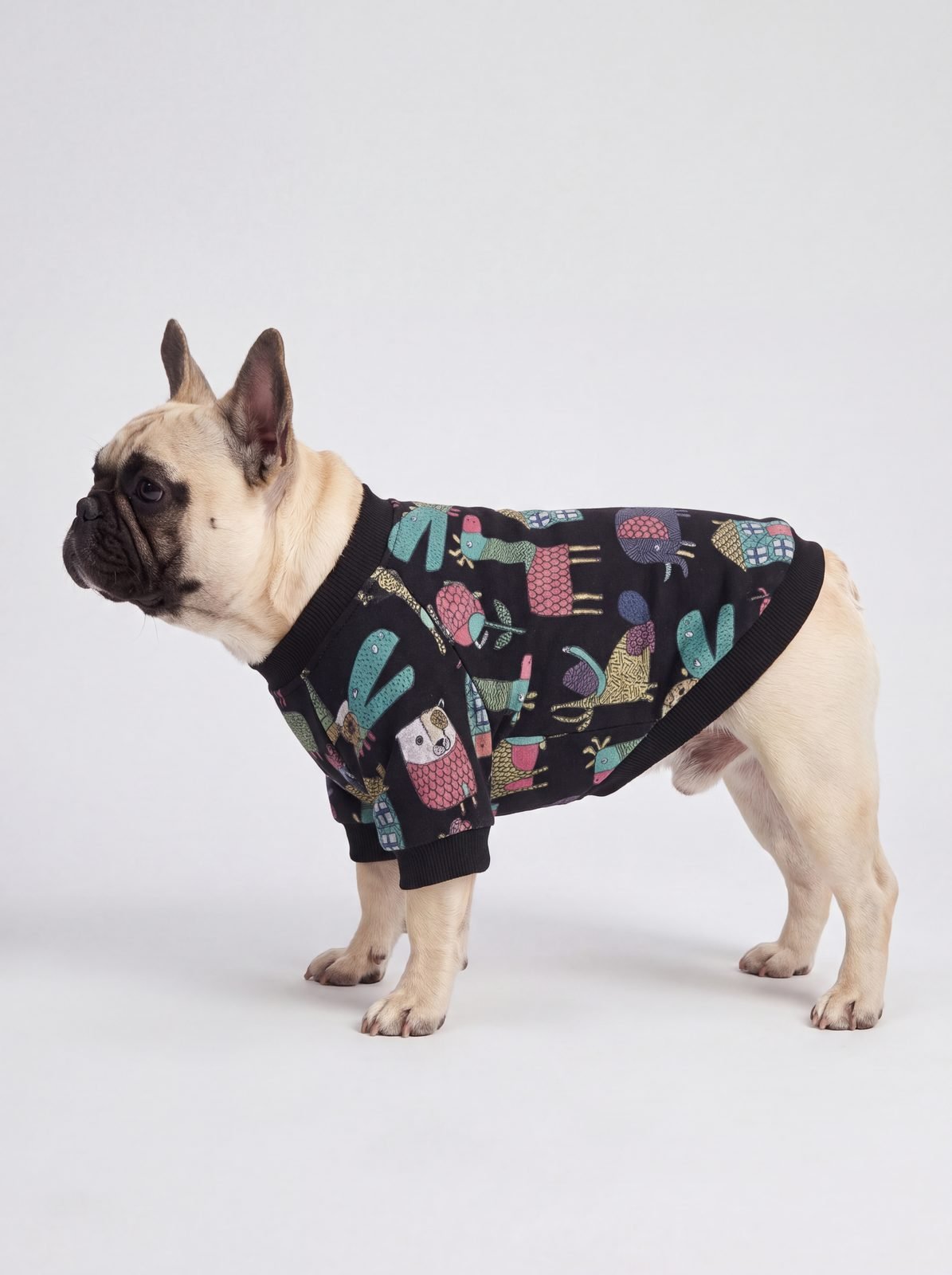 Bouledogue français de profil en studio portant un pull chien noir doublé polaire à motif d'animaux