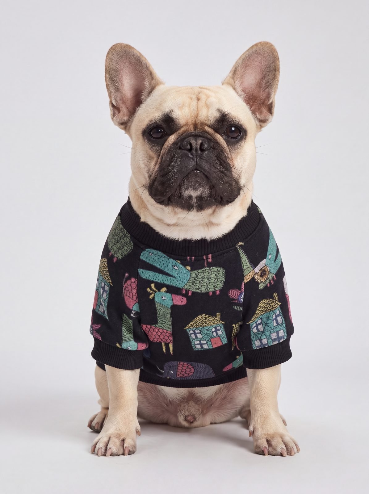Bouledogue français crème assis de face en studio avec un pull chien noir doublé polaire à motif d'animaux colorés