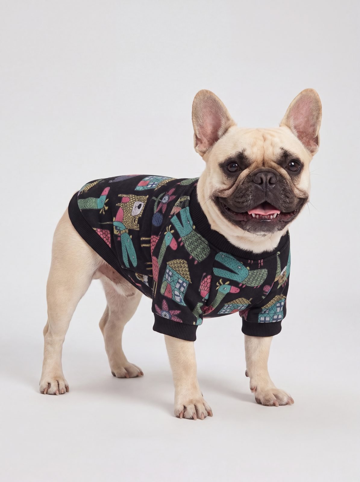 Bouledogue français souriant en trois quarts avec un pull chien noir doublé polaire à imprimé d'animaux et de maisons