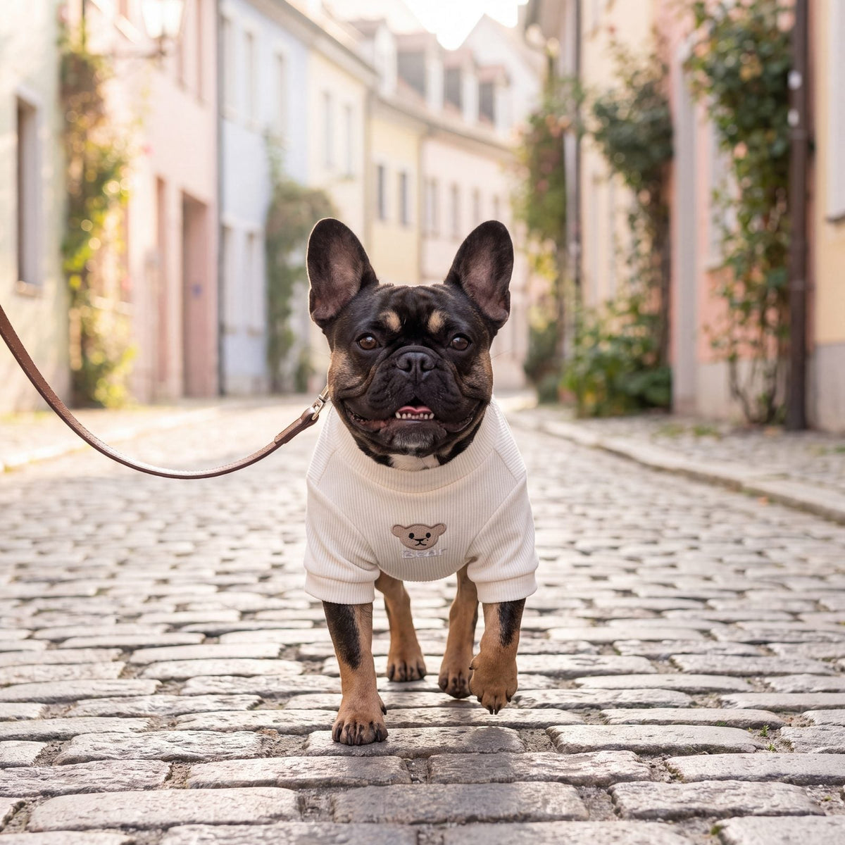 Bouledogue français en laisse sur des pavés avec un pull côtelé blanc crème à ourson brodé