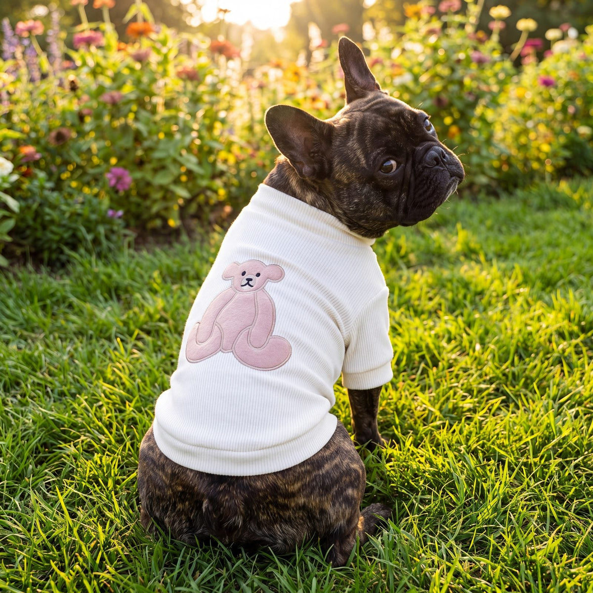 Bouledogue français bringé de dos dans un jardin fleuri avec un pull côtelé blanc crème à grand ourson rose appliqué
