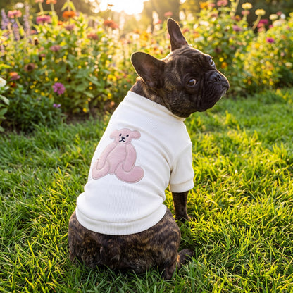 Bouledogue français bringé de dos dans un jardin fleuri avec un pull côtelé blanc crème à grand ourson rose appliqué