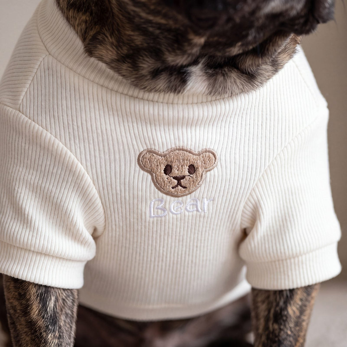 Gros plan sur le petit ourson brodé « Bear » sur le devant du pull blanc crème