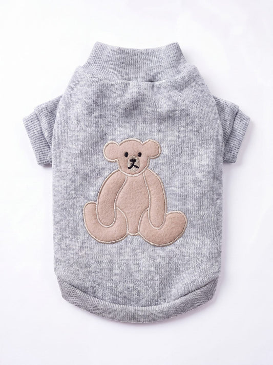 Pull pour chien gris côtelé avec ourson appliqué dans le dos, vue de dos