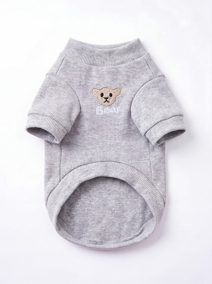 Pull pour chien gris côtelé à col montant avec ourson brodé Bear sur le devant