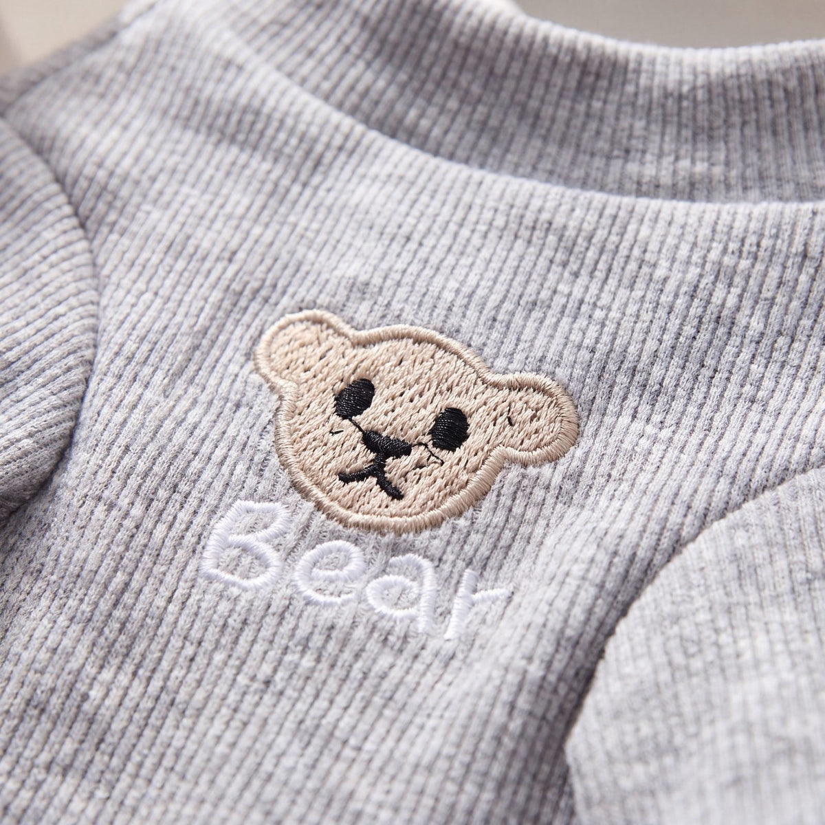Gros plan sur l'ourson brodé et le mot Bear sur le devant du pull gris pour chien