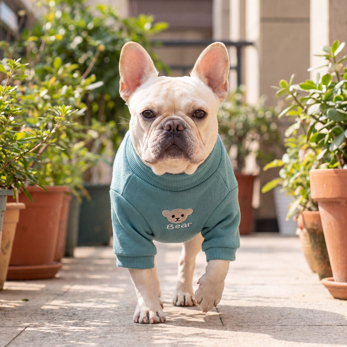 Chien sur une terrasse avec un pull turquoise à grand ourson beige dans le dos