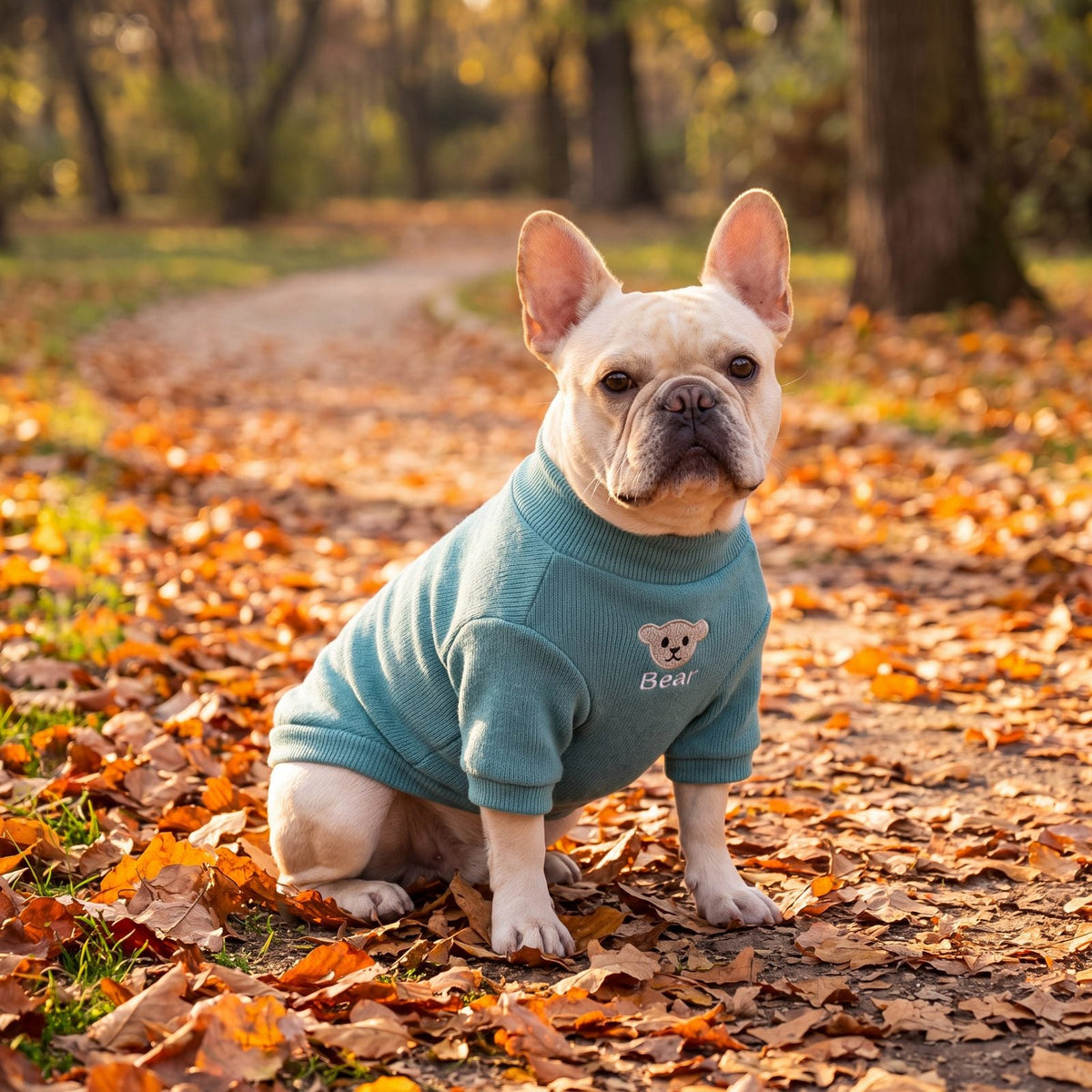 Chien en automne avec un pull turquoise à ourson et col montant