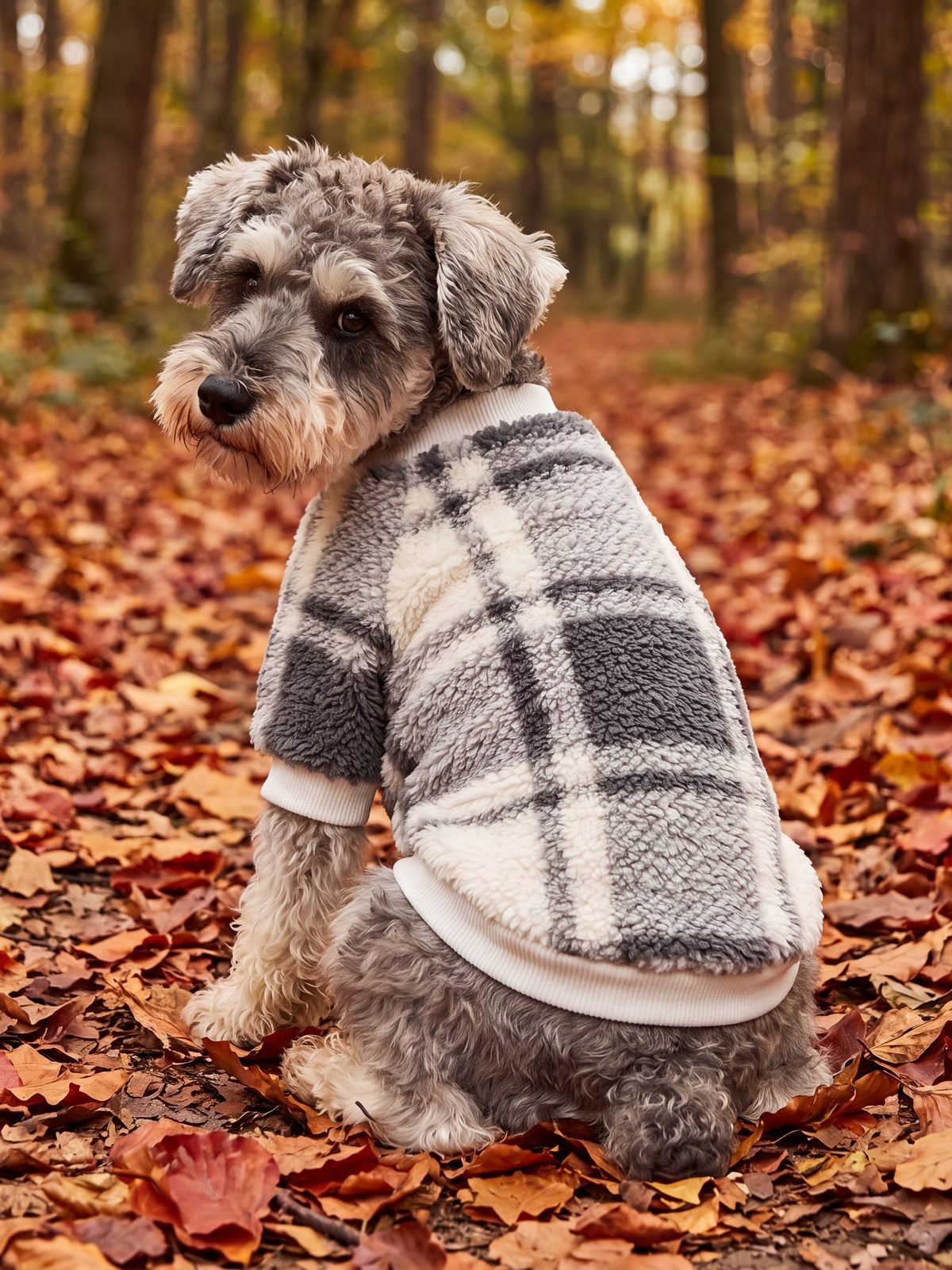 Pull chien sherpa à carreaux gris et crème vu de dos dans les feuilles d'automne
