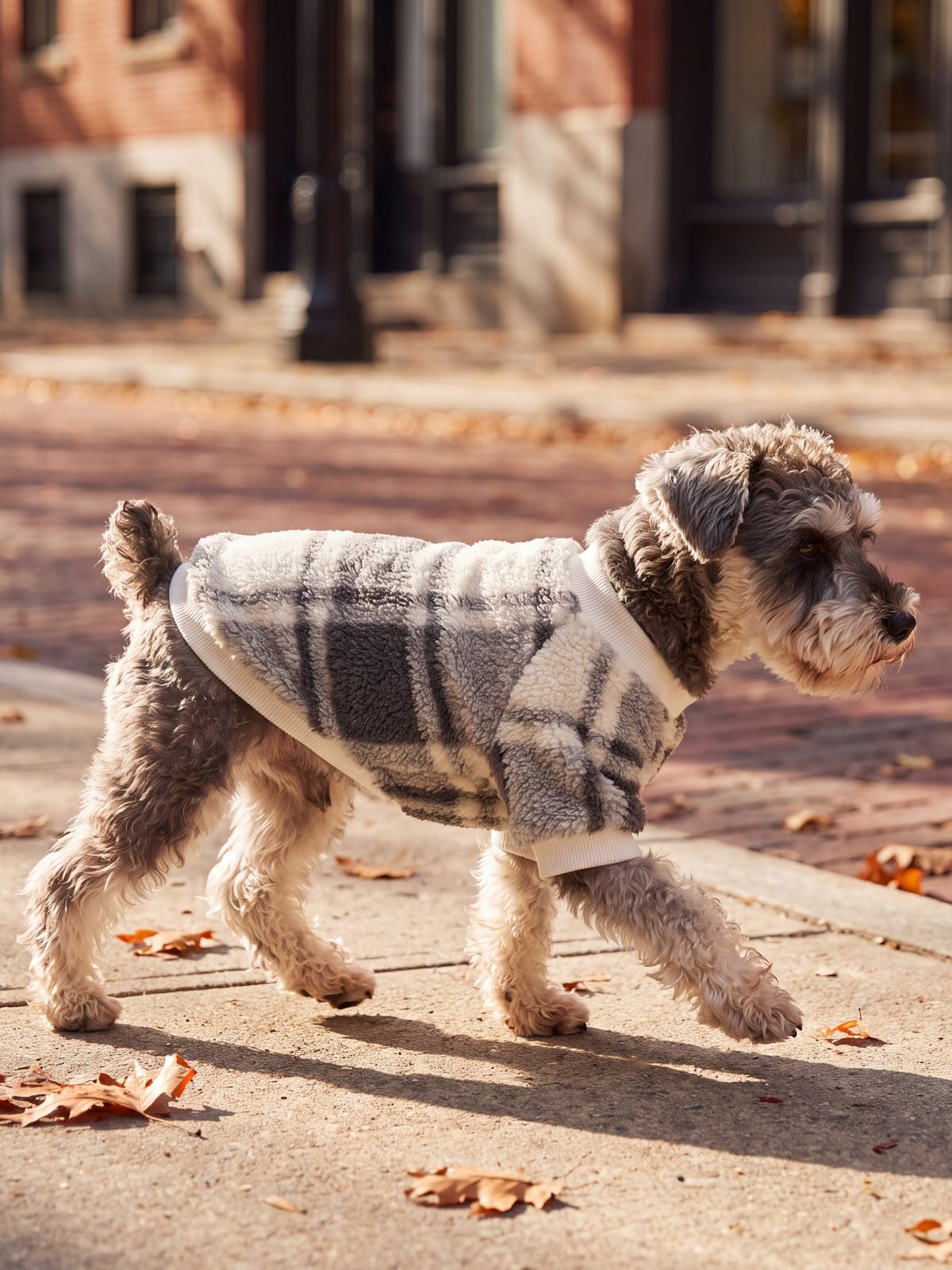 Petit chien qui trotte sur le trottoir avec un pull sherpa à carreaux