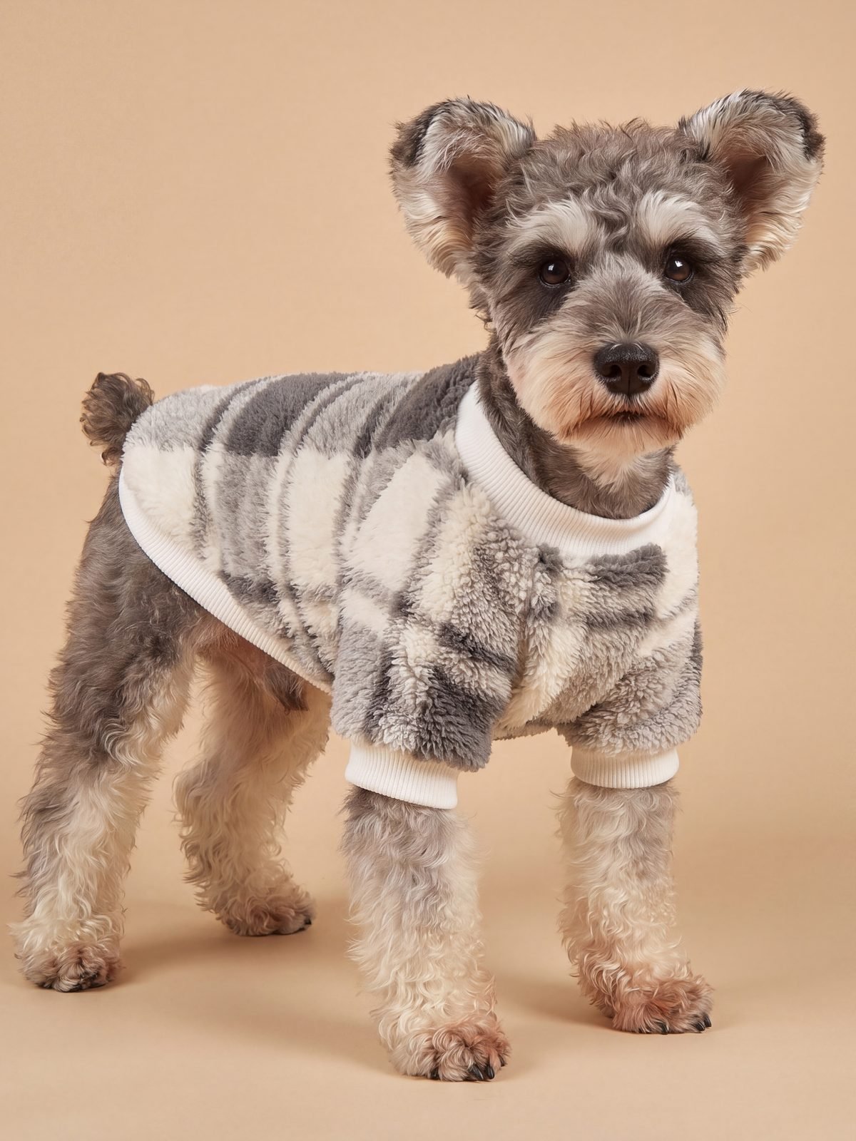 Petit chien en studio sur fond beige avec un pull sherpa à carreaux gris et crème