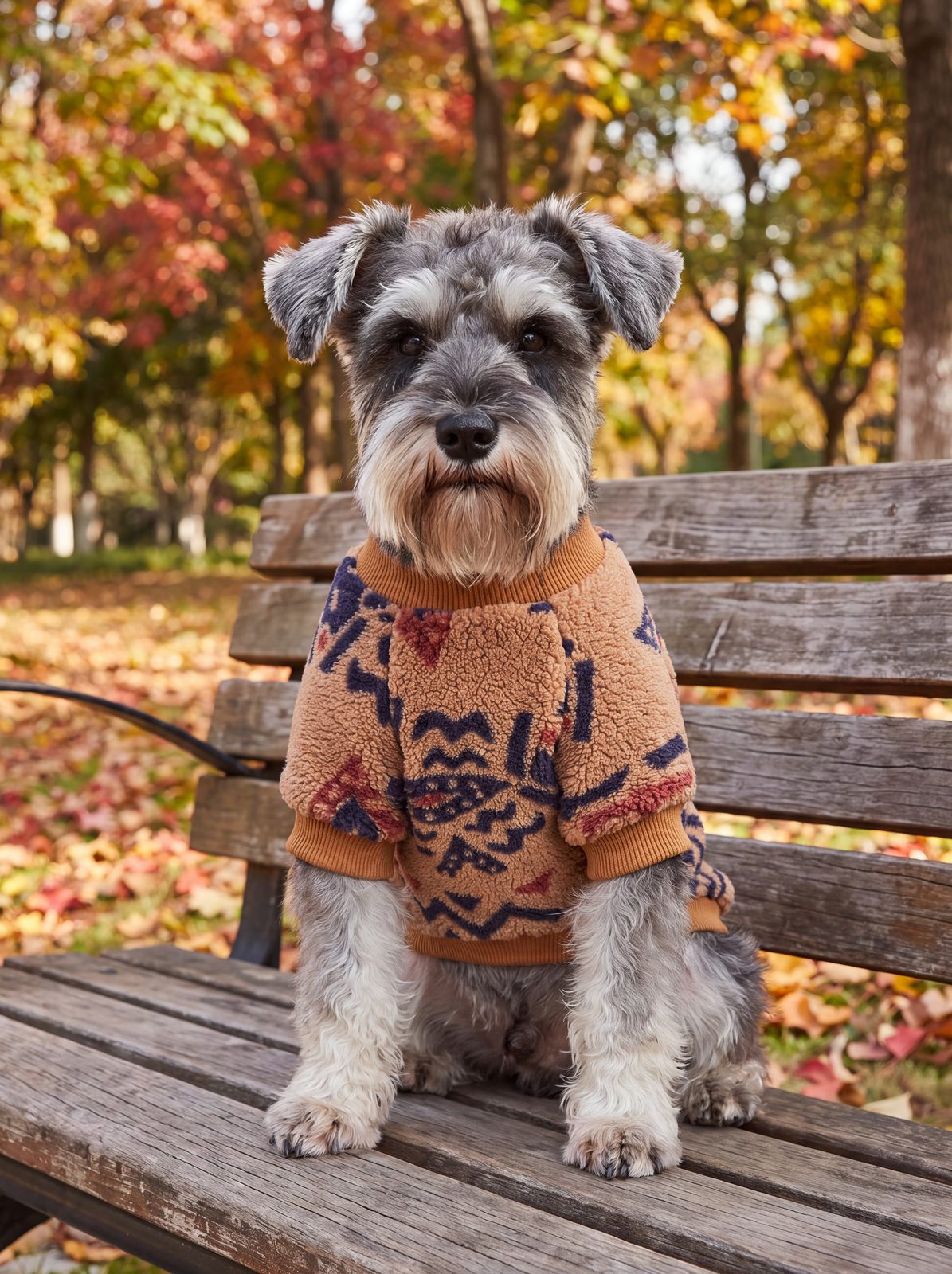 Petit chien assis sur un banc avec un pull sherpa motif ethnique caramel