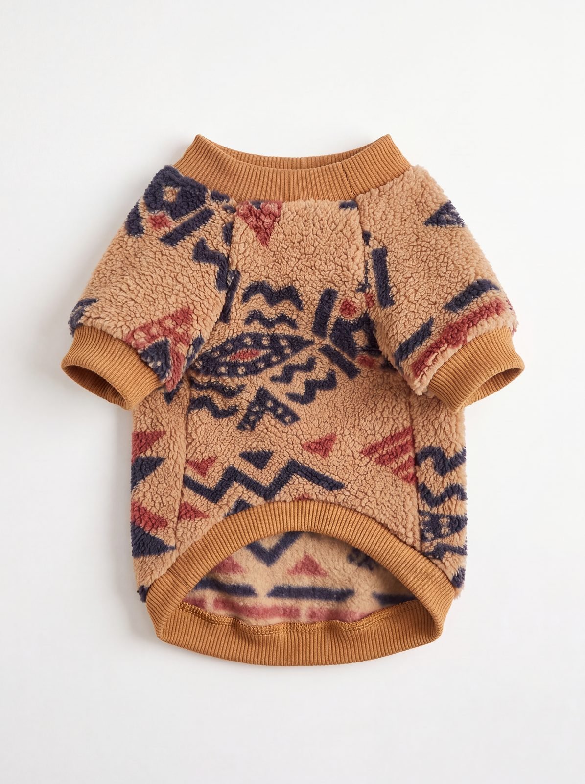 Pull chien sherpa motif ethnique caramel vu à plat, bords-côtes caramel